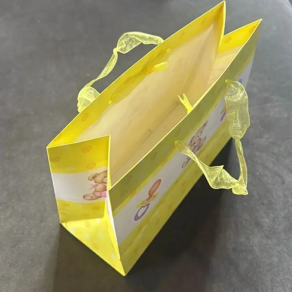 Baby Shower Gift Bags 12 Pack Ribbon Handles 3 Designs Yellow Pink Green NEW
